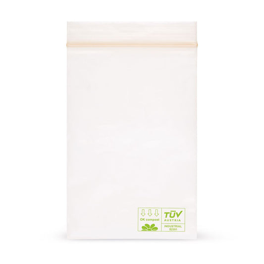 Sachet zip biodégradable sans bandes d'écriture PLA 50 µm — vue principale directement du fabricant Elke Plastic