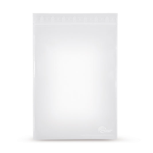 Sachets à fermeture pression rLDPE avec part de matière recyclée sans bandes d'écriture 50 µm — vue principale du sachet avec part de matière recyclée d'Elke Plastic