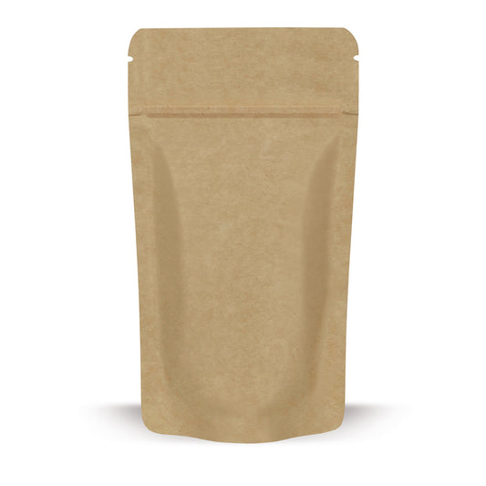 Sachet doypack papier kraft — détail du matériau axé sur l'épaisseur du film et la qualité de finition