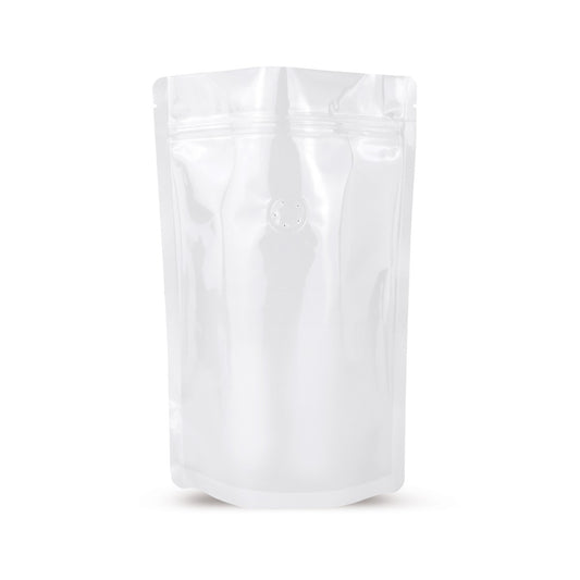 Sachet doypack blanc avec valve d'arôme — vue principale du sachet avec valve d'arôme d'Elke Plastic