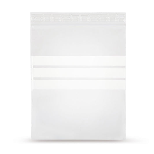 Sachet zip LDPE avec trois bandes d'écriture blanches 90 µm — vue principale du sachet avec bandes d'écriture d'Elke Plastic