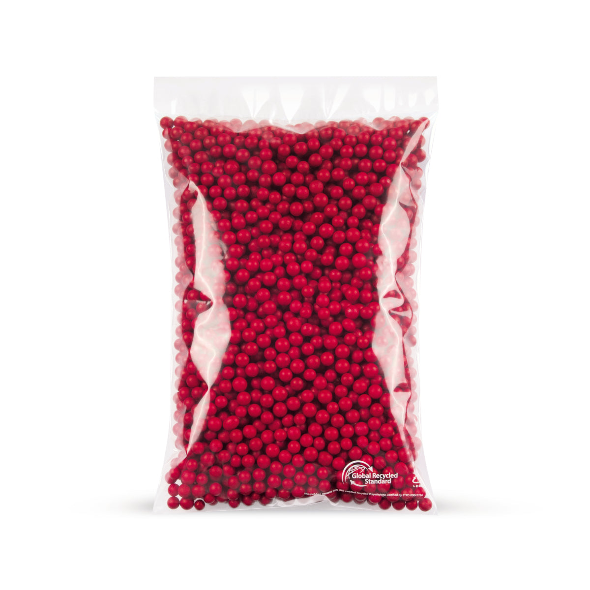 Sachet plat rLDPE avec part de matière recyclée 50 µm — vue détaillée dans une application d'emballage typique avec exemple de contenu