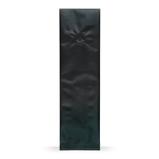 Sachet à soufflets noir avec valve d'arôme — vue principale du sachet avec valve d'arôme d'Elke Plastic