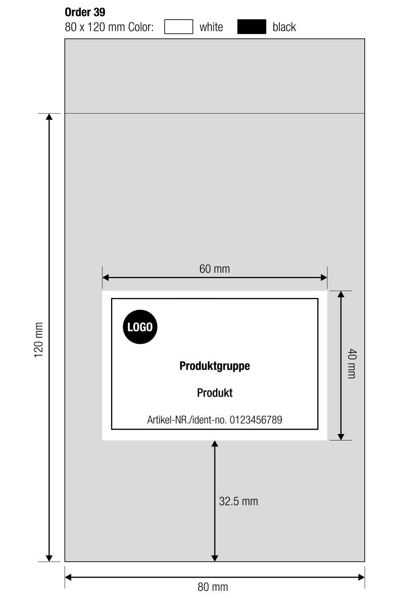 Croquis exemple d'une fabrication sur mesure avec cotes du sachet (80×120 mm) et de la zone d'impression (60×40 mm)
