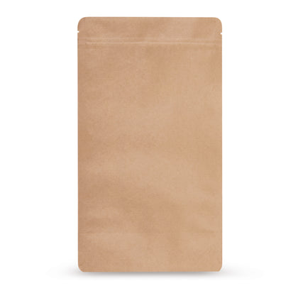 Sachet doypack papier kraft sans aluminium — vue principale du sachet avec complexe barrière sans aluminium et aspect papier kraft d'Elke Plastic