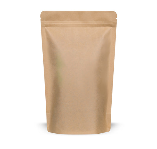 Sachet doypack papier kraft sans aluminium — vue détaillée du matériau et du complexe barrière sans aluminium, aspect papier kraft en coupe