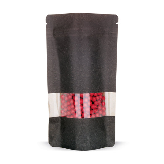 Sachet doypack papier kraft avec fenêtre transparente noir — vue principale du sachet avec fenêtre transparente et aspect papier kraft d'Elke Plastic
