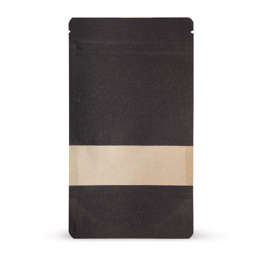 Sachet doypack papier kraft avec fenêtre transparente noir — vue principale du sachet avec fenêtre transparente et aspect papier kraft d'Elke Plastic