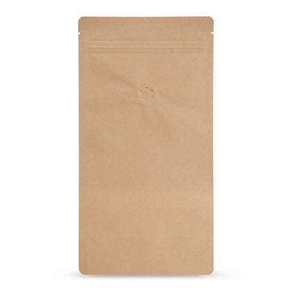 Sachet doypack papier kraft avec valve d'arôme — vue principale du sachet avec valve d'arôme et aspect papier kraft d'Elke Plastic