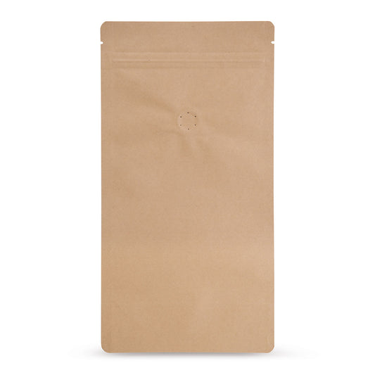 Sachet doypack papier kraft avec valve d'arôme — vue principale du sachet avec valve d'arôme et aspect papier kraft d'Elke Plastic