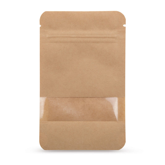 Sachet doypack papier kraft avec fenêtre transparente — vue principale du sachet avec fenêtre transparente et aspect papier kraft d'Elke Plastic