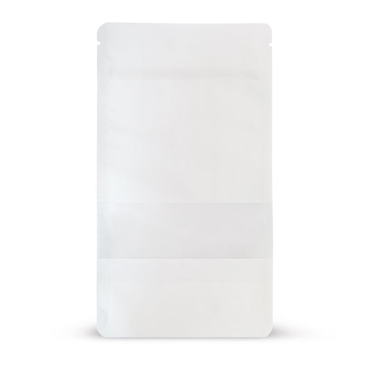 Sachet doypack papier kraft avec fenêtre transparente blanc — vue principale du sachet avec fenêtre transparente et aspect papier kraft d'Elke Plastic
