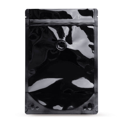 Sachet doypack noir avec valve d'arôme — vue principale du sachet avec valve d'arôme d'Elke Plastic