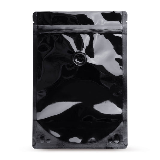 Sachet doypack noir avec valve d'arôme — vue principale du sachet avec valve d'arôme d'Elke Plastic